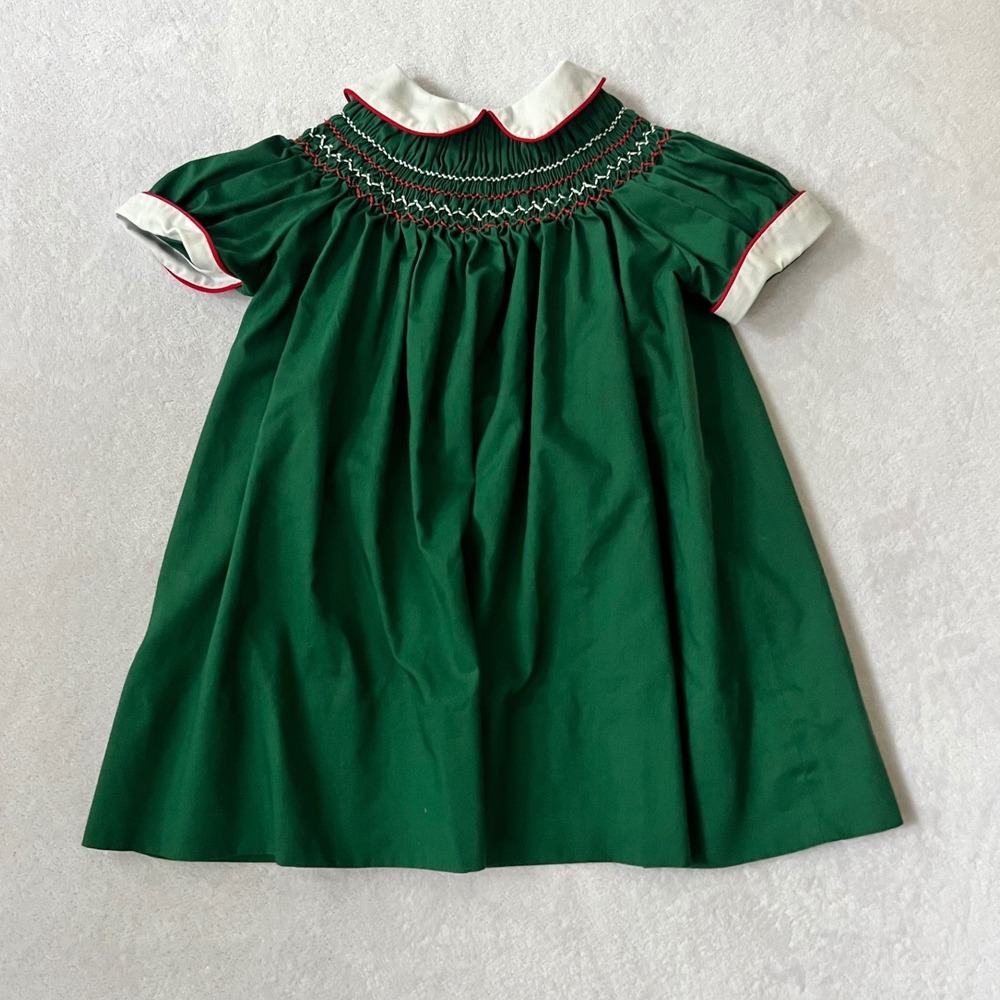 Smocked Dress Green Red White Holiday Christmas Vintage Style 18M-2T